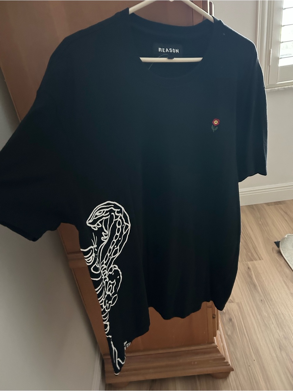 Reason Black Short-Sleeve Tee with White Snake and Red Flower, XL